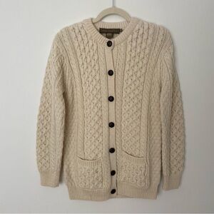 Inis Crafts 100% Merino Wool Fisherman Cardigan Sweater Cream Jacket size Medium